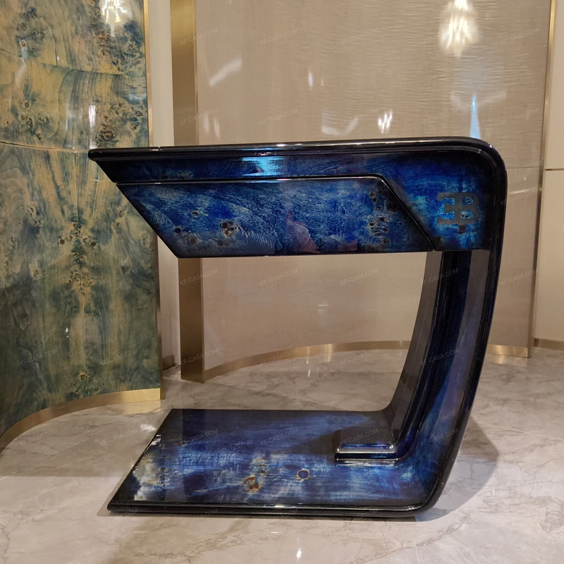 Sculptural C-Shaped Sofa Side Table with Blue Natural Wood Veneer, Integrated Drawer and Cantilever Base